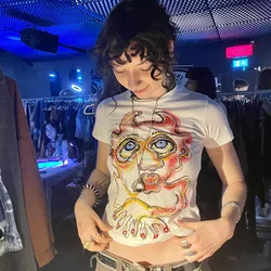 Y2k Crop Tops Tees Letter Print Short Sleeve T-shirt Slim Graphic Summer T-shirts Aesthetic Clothes Emo Girl 2000s Women T-Shirt