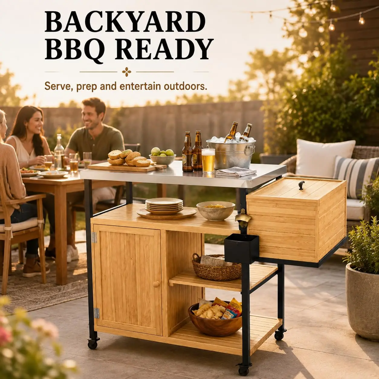 Grill Cart With Storage Cabinet Fir Wood Outdoor Grill Table And BBQ Prep Station Two Door Enclosed Outdoor Kitchen Cart For Patio And Backyard