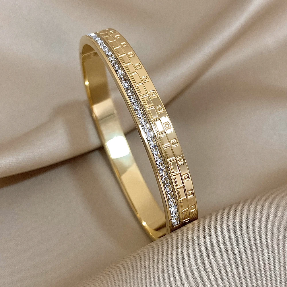 Freetry Trendy Stainless Steel Square Cubic Zirconia Bangles Luxury Geometric Bracelets for Women Charm Waterproof Jewelry