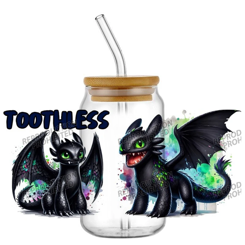 Black Night Dragon UV DTF Wraps Watercolor Stickers for 16oz Glass Cans Waterproof DIY Transfer Decals