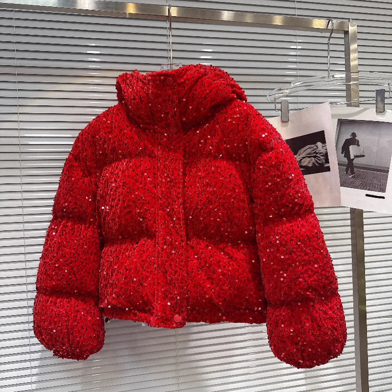 2025 겨울 신상 패셔너블 헤비 시퀸 따뜻한 후드 패딩 재킷, 면 코트 트렌디, 여성용 레드 아우터웨어