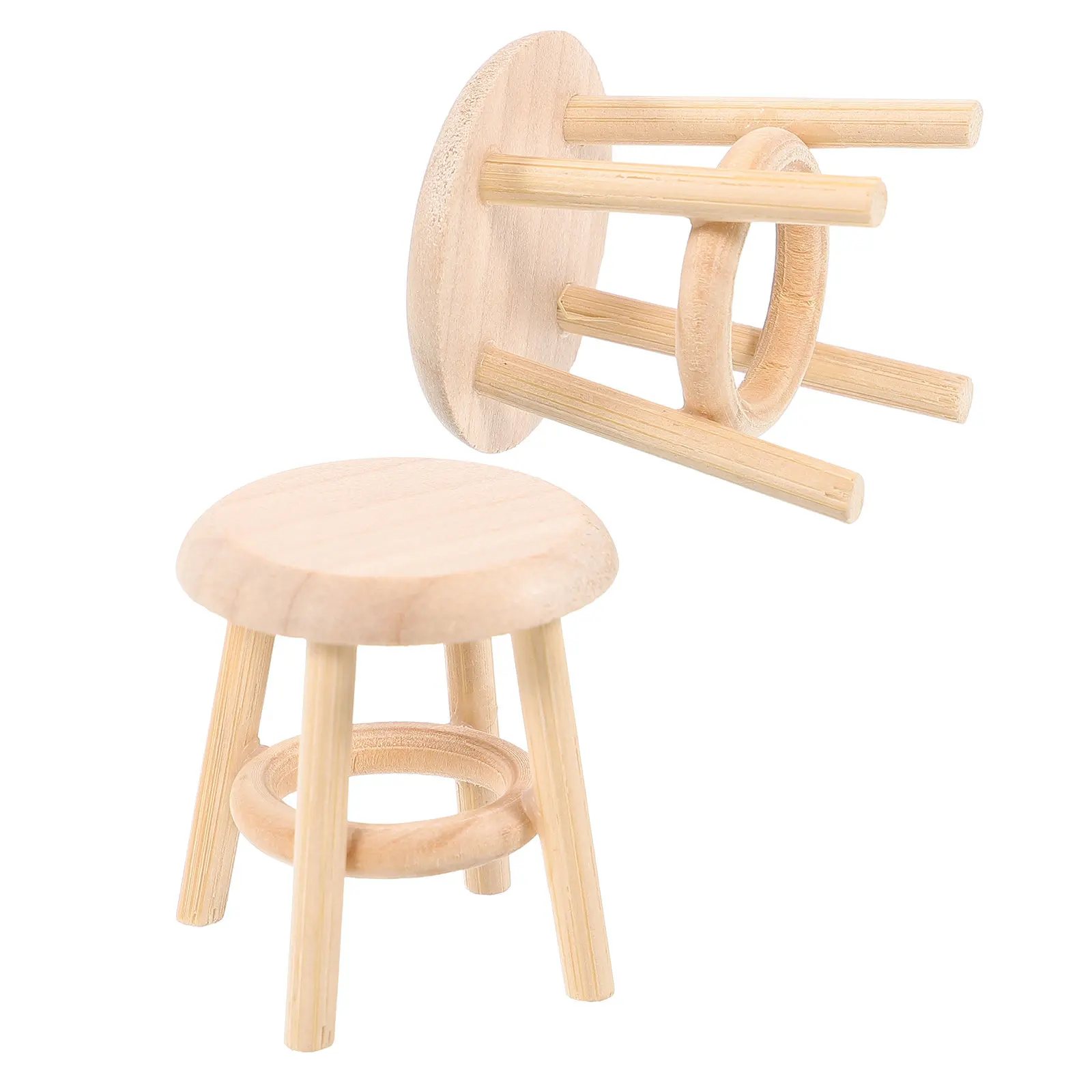 2Pcs Wooden Miniature Bar Stools Dollhouse Furniture Chair For Art Student Scale Natural Grain Round Collectors