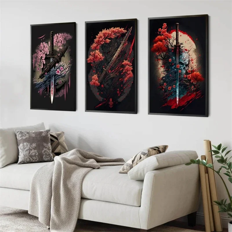 Vintage Samurai Katana Sword Cherry Blossom Landscape Art Posters Canvas Painting Wall Prints Picture for Living Room Home Decor