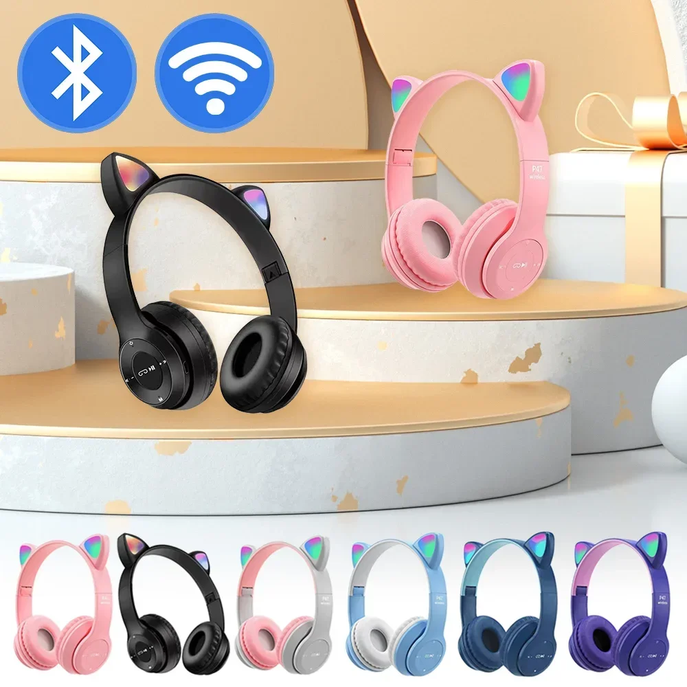 Hot P47M cuffie Wireless Flash Light Cute Cat Ears Fone con controllo del microfono LED Stereo Music Helmet Phone auricolare Bluetooth regalo