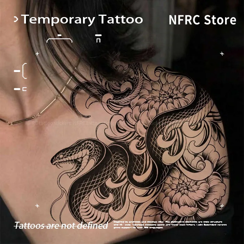 Fake Tattoo Temporary Tattoos Vintage Black‑and‑White Serpent With Blossom Herbal Juice Sticker Toys for the Best Adolescents