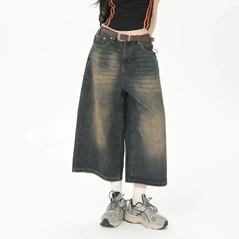 

Women Y2k Style Baggy Denim Shorts Wide Leg Short Pants Fashion High Waisted Dark Wash Knee Length Loose Unisex Jeans Casual