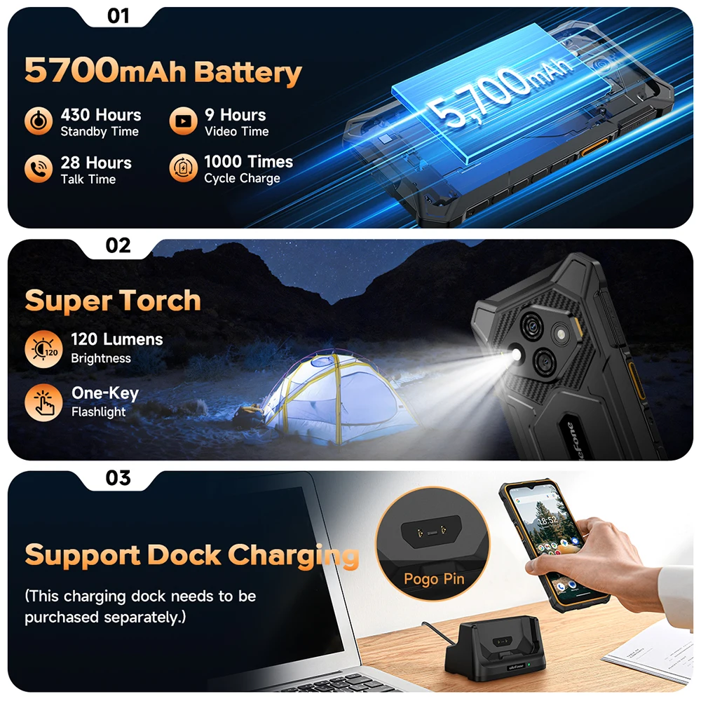 【Weltpremiere】Ulefone RugKing 3 Pro Robustes Smartphone, 6,56 Zoll, 120 Hz, 5700 mAh, Android 15, bis zu 16 GB RAM, 128 GB ROM, NFC, 4G, Global