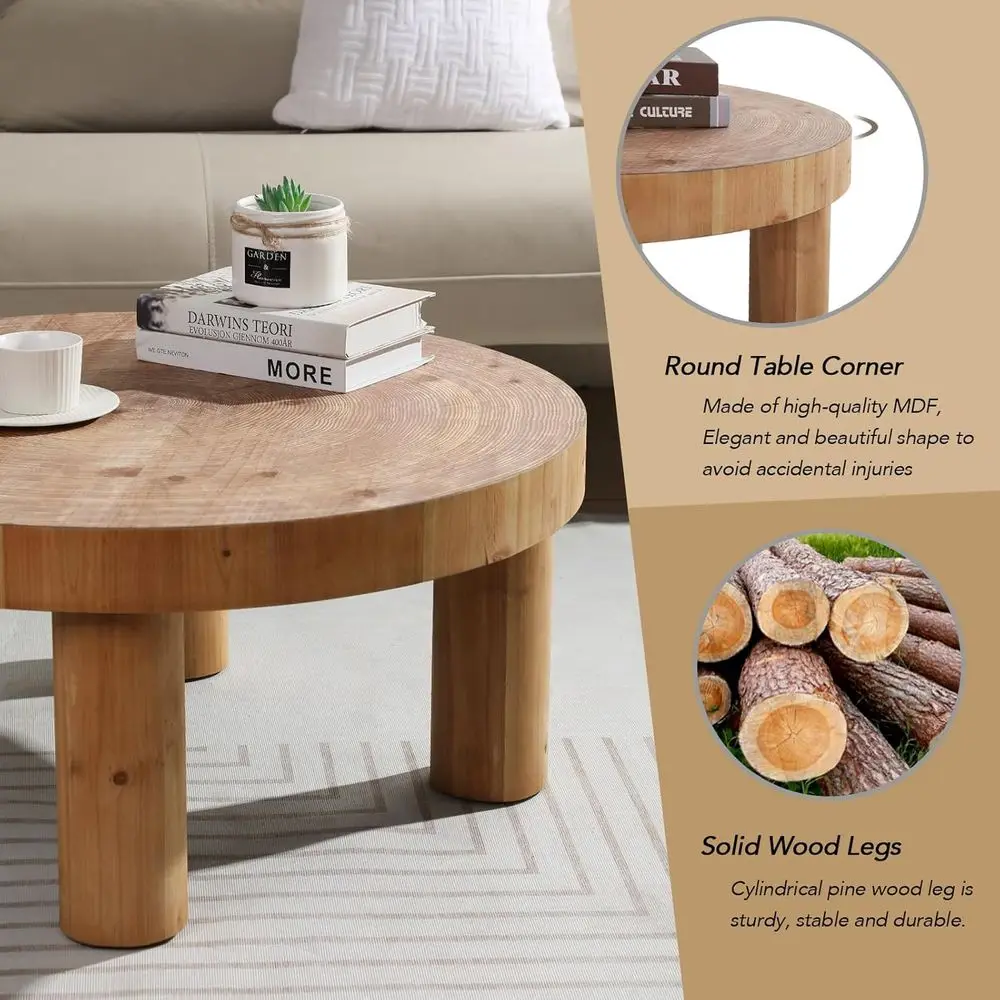 Round Natural Wooden Farmhouse Coffee Table Set with Rustic Style and Solid Legs for Living Room