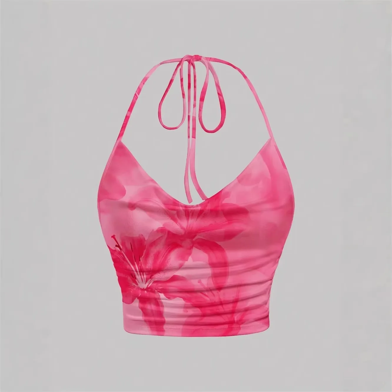 Tie-dye Floral Print Halter Top For Women Summer Y2K Clothes Flower Sexy Backless Draped Cute V-neck Cropped Top Streetwear Cami
