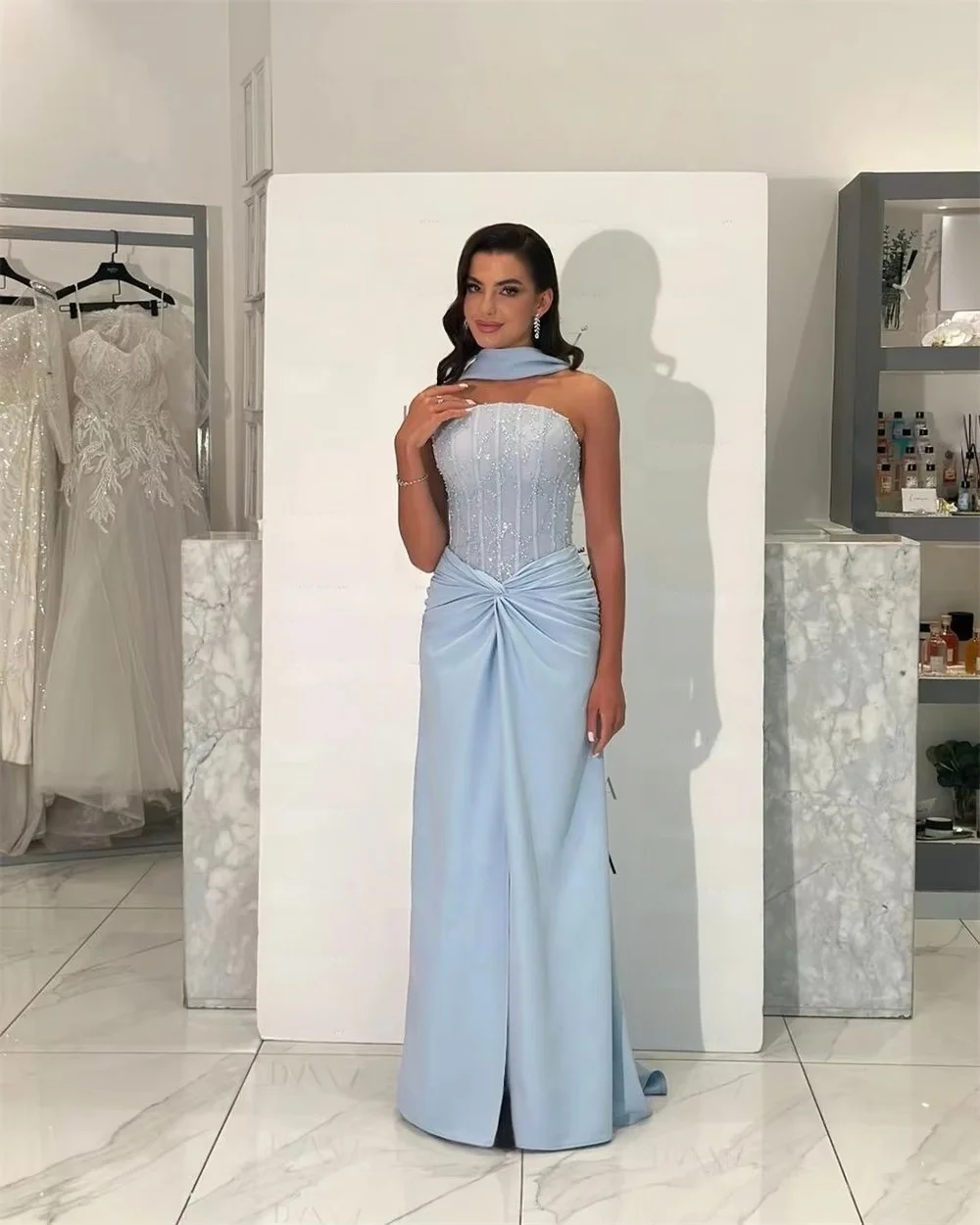 Ladies Strapless Light Blue Evening Dresses Beaded Corset Mermaid Long Prom Dress Wedding Guest Formal Party Gowns
