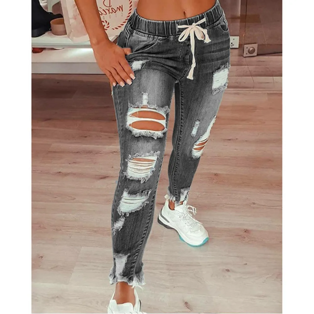 Women Jeans Sheath Pencil Pants Mid Waist Holes Ankle Length Solid Skinny Distressed Denim Lace-up Pockets Streetwear 2025