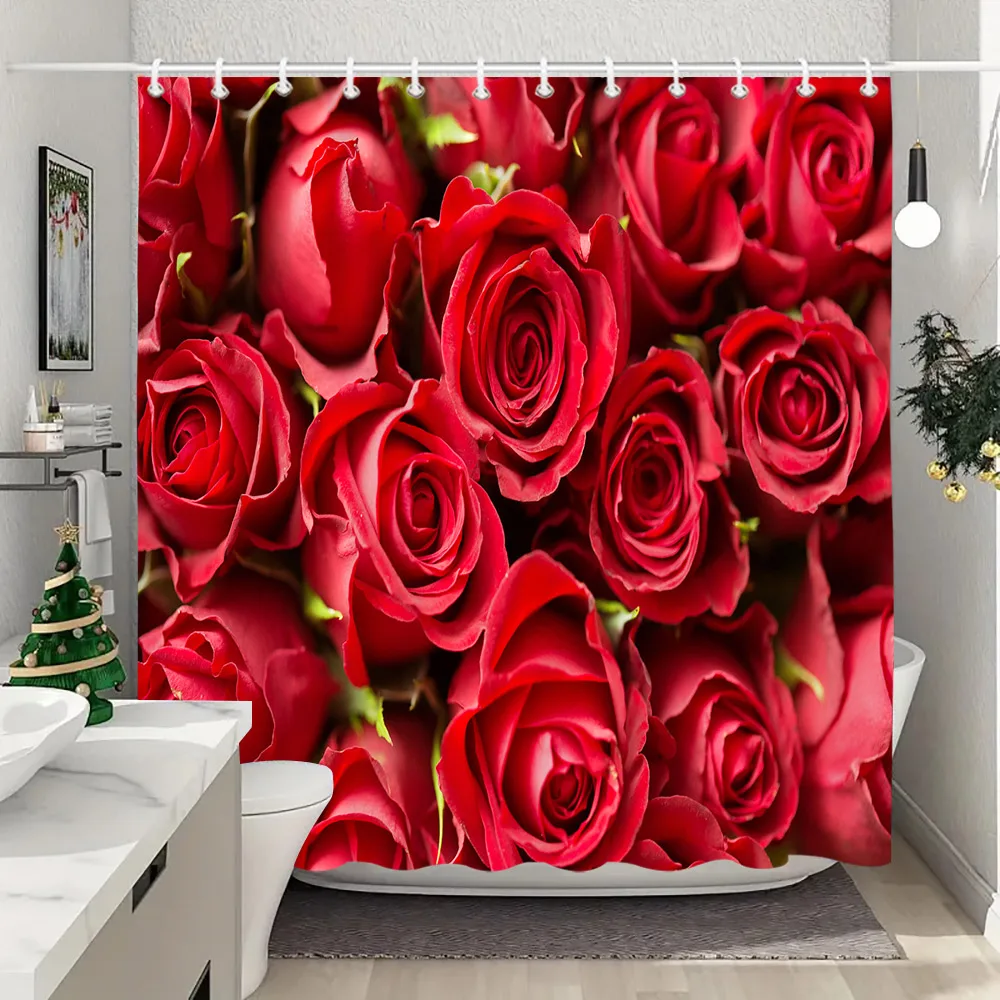 Valentine's Day Shower Curtain, Red Rose Perfume Bottle Truck Love Balloon Wooden Panel Rustic Romantic Bathroom Decoration