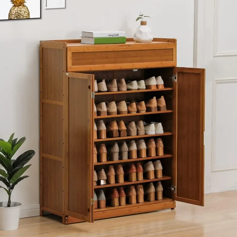 Bamboo 7-Tier Shoe Organizer Cabinet with Folding Door Pull-Down Compartment Heels Boots, Hallway Entryway, Brown