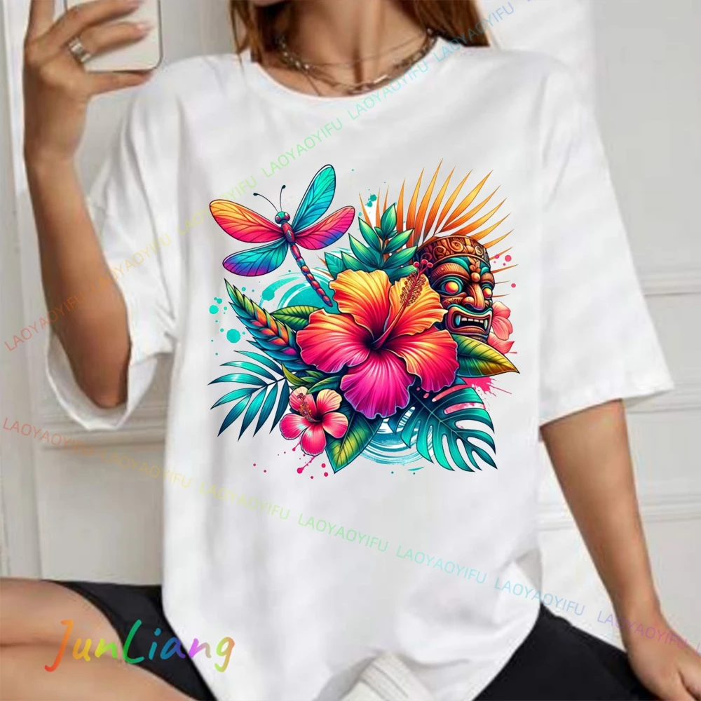 هاواي تيكي نمط كاهونا المشروبات الاستوائية الكوكتيلات لواو ملابس الحفلات Y2k للنساء 100% القطن امرأة الملابس تي شيرت