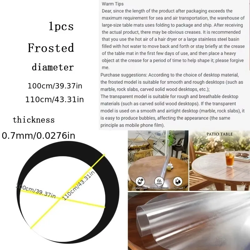 1Pc 100/110cm Frosted PVC Table Mat Round Plastic Tablecloth Waterproof Oil-Proof Dining Desk Cover Furniture Protector Film Pad