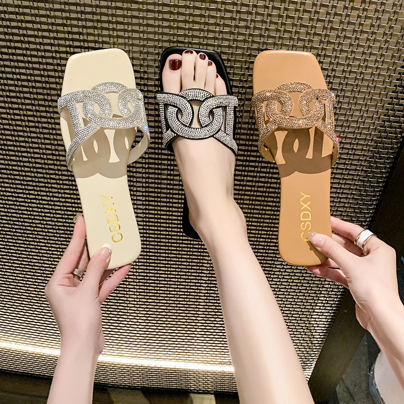 Summer Sandals for Women Flat Sandal Sparkle Rhinestone Slide Trendy Women's Beach Sparkly Dressy Slip on Bling Casual Shoes