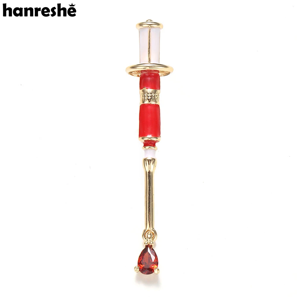 Hanreshe Medical Syringe Enamel Lapel Brooch Pin Red Crystal Charm Dangle Medicine Badge Jewelry for Doctor Nurse