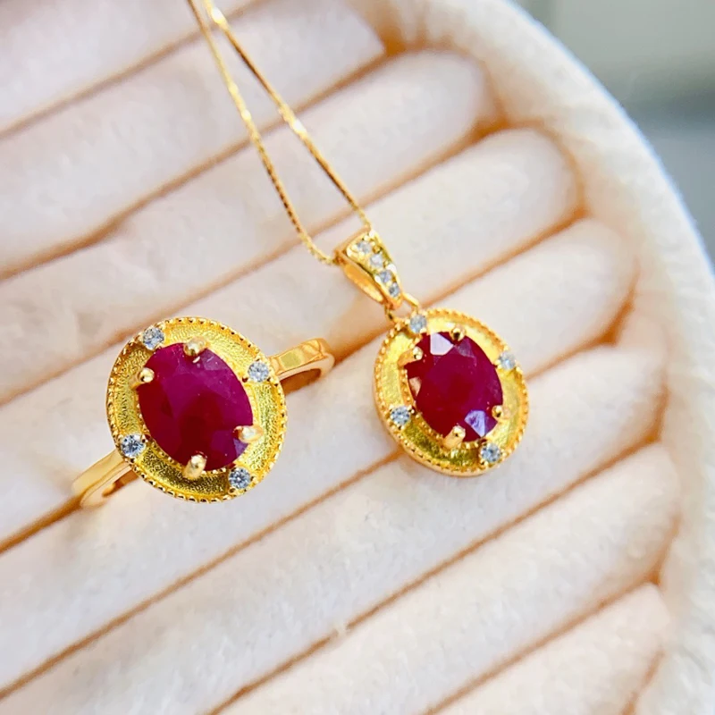 Natural Ruby jewelry sets for women rings pendant silver 925  luxury gem stones 18k gold plated free shiping items