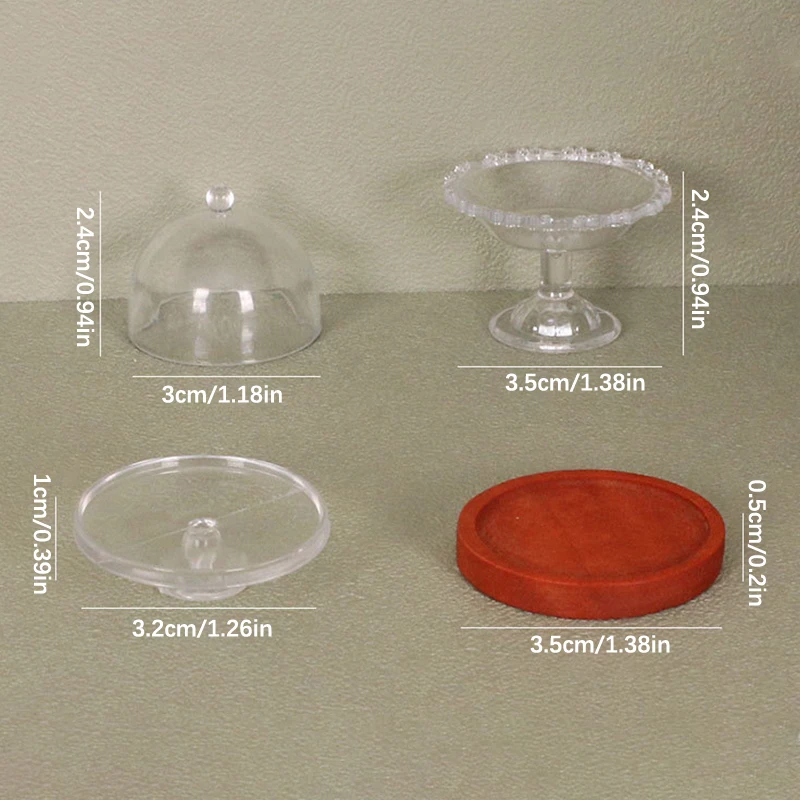 Bandeja alta transparente en miniatura para casa de muñecas, plato de postre con cubierta, bandeja de fruta para pastel, decoración de cocina, accesorios para casa de muñecas, 1:12