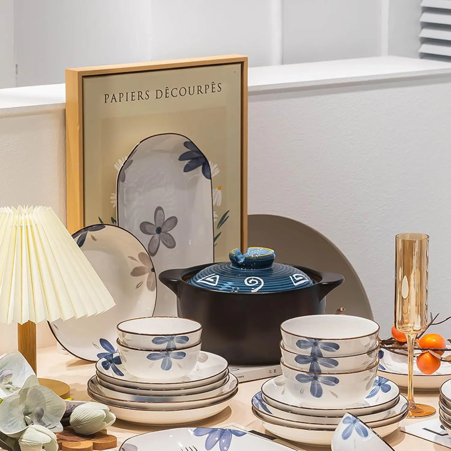 Japanese Style Bowl and Plate Dinnerware Set, Ceramic Dish Plates and Bowls Combo, Elegant White Porcelain Tableware Service for