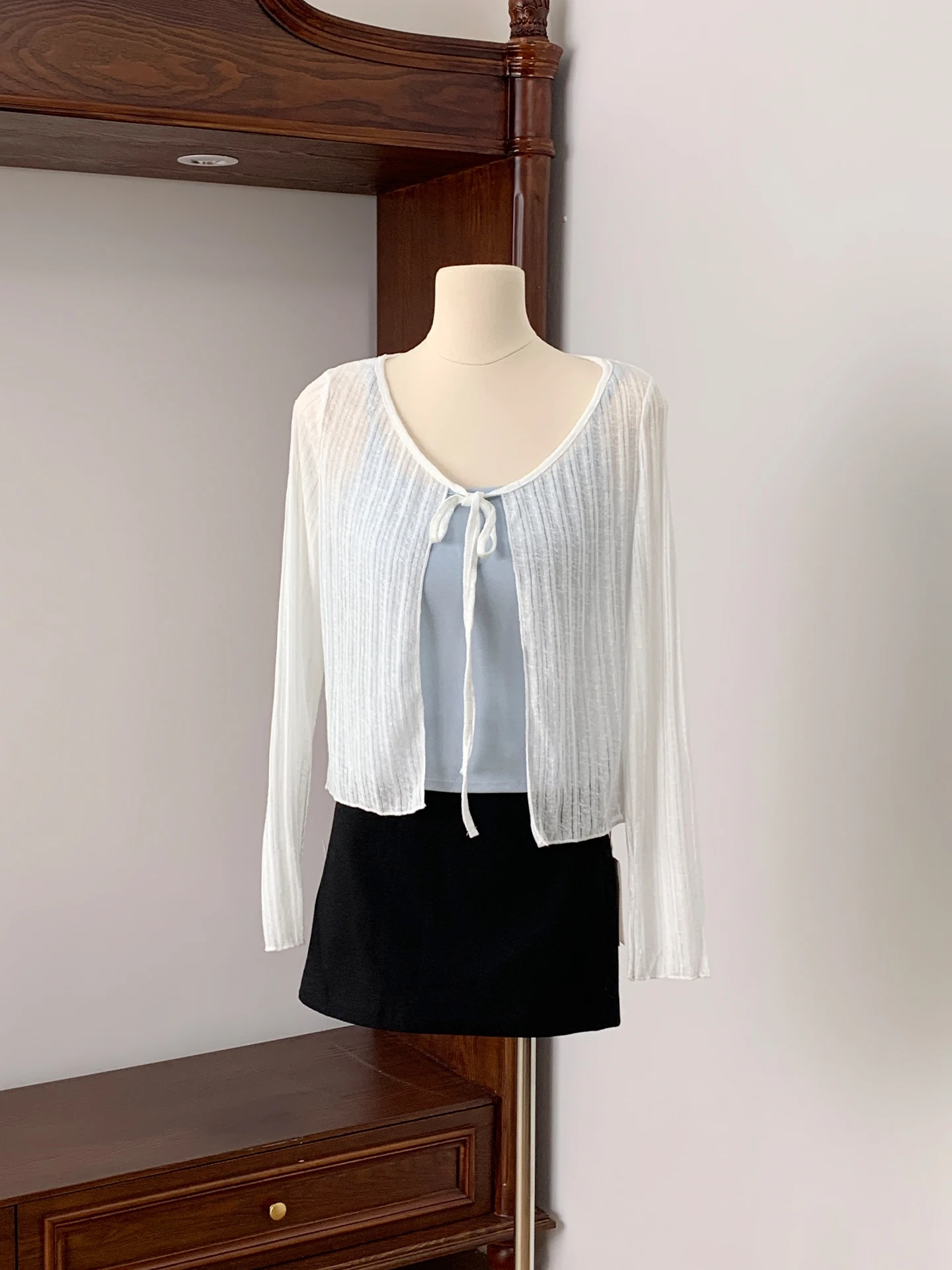 Blue Gentle Breeze Knitted Short Open Cardigan Women's Summer Autumn New Loose Outerwear Sweet Top Tie Waist Thin Style