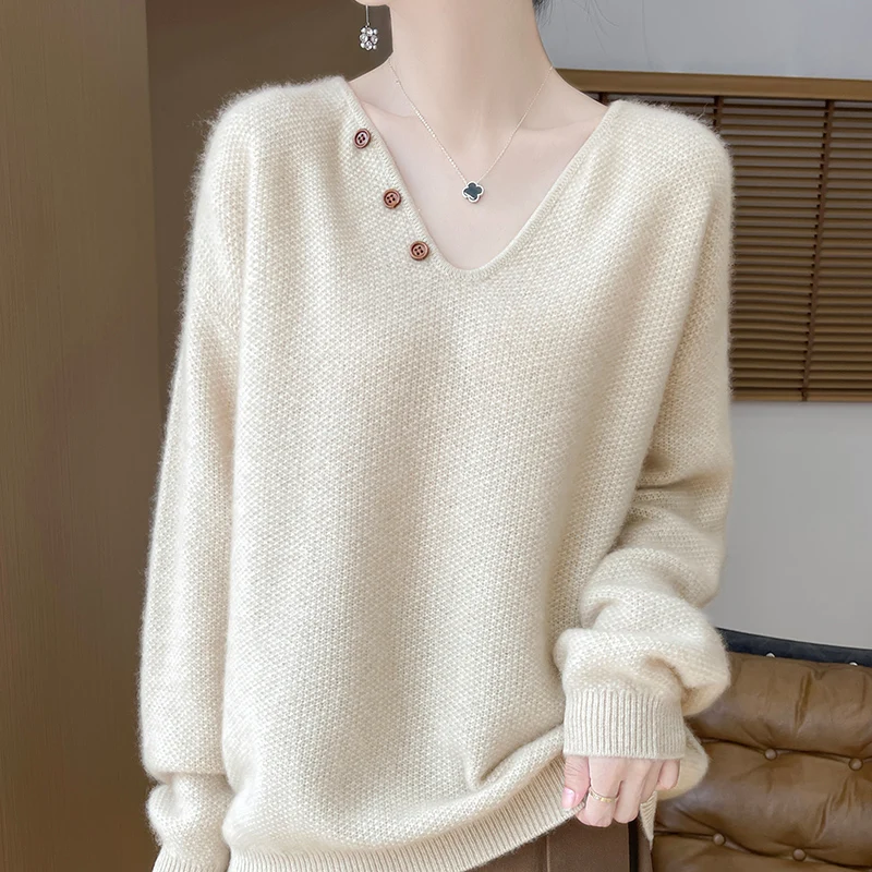 Fall/winter new women\'s sweater 100% pure wool V-tie button loose lazy Joker loose cashmere plus size pullover top