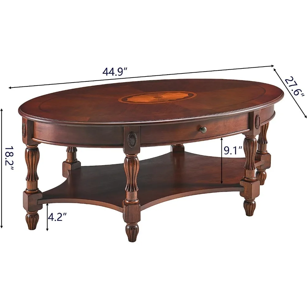 Solid Wood Oval Coffee Table with Drawer and Storage Shelf, Traditional Vintage Center Table Polished Edging Cocktail Tea Table