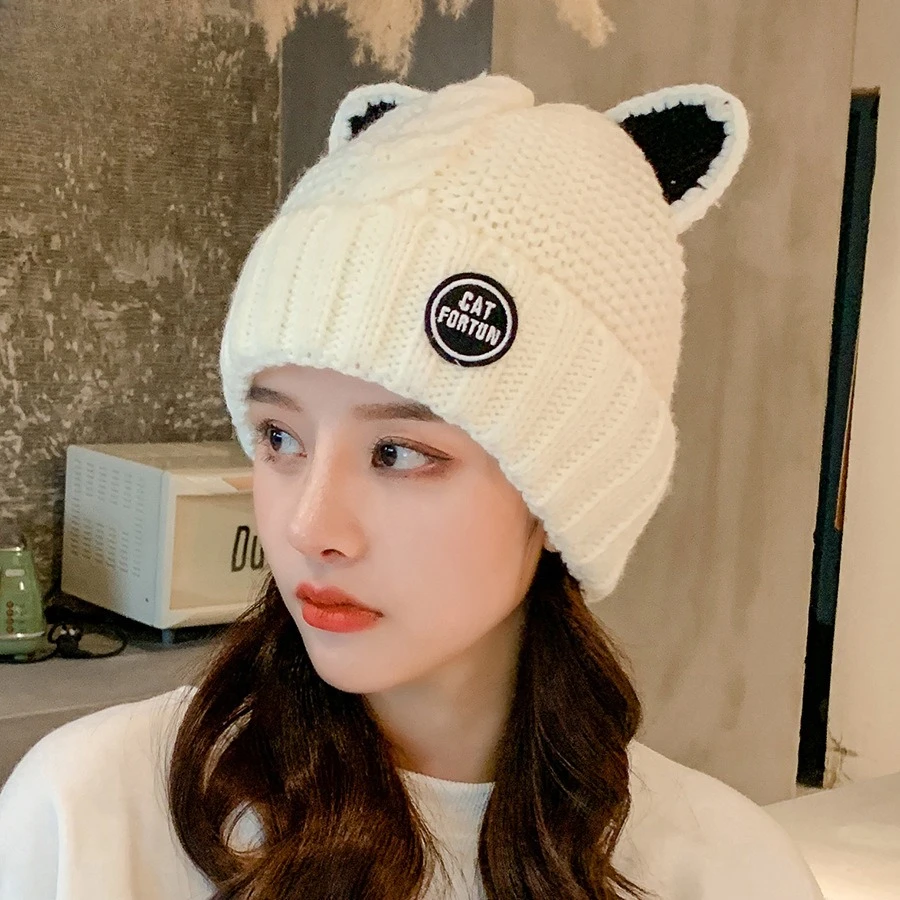 New Winter Hat Female Velvet Cute Cat Ears Wool Hat Fairy Cartoon Age-reducing Versatile Casual Thickened Knitted Hat