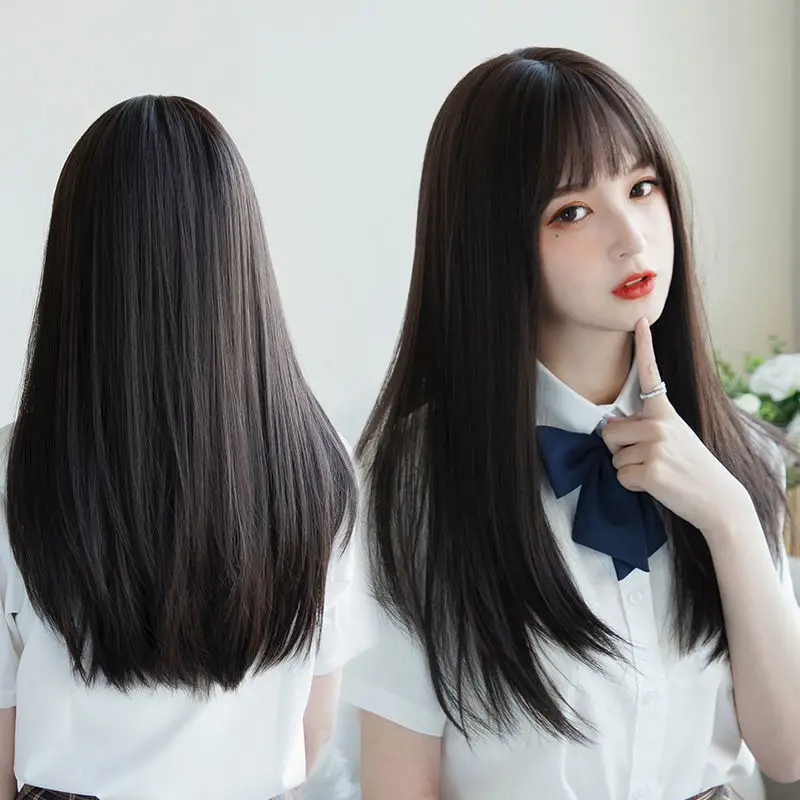 Korea Hair Extensions Synthetic Cute JK Girl Cosplay Air Bangs Wig Breathable Head Cover 50cm Long Straight Wig Hat for Women
