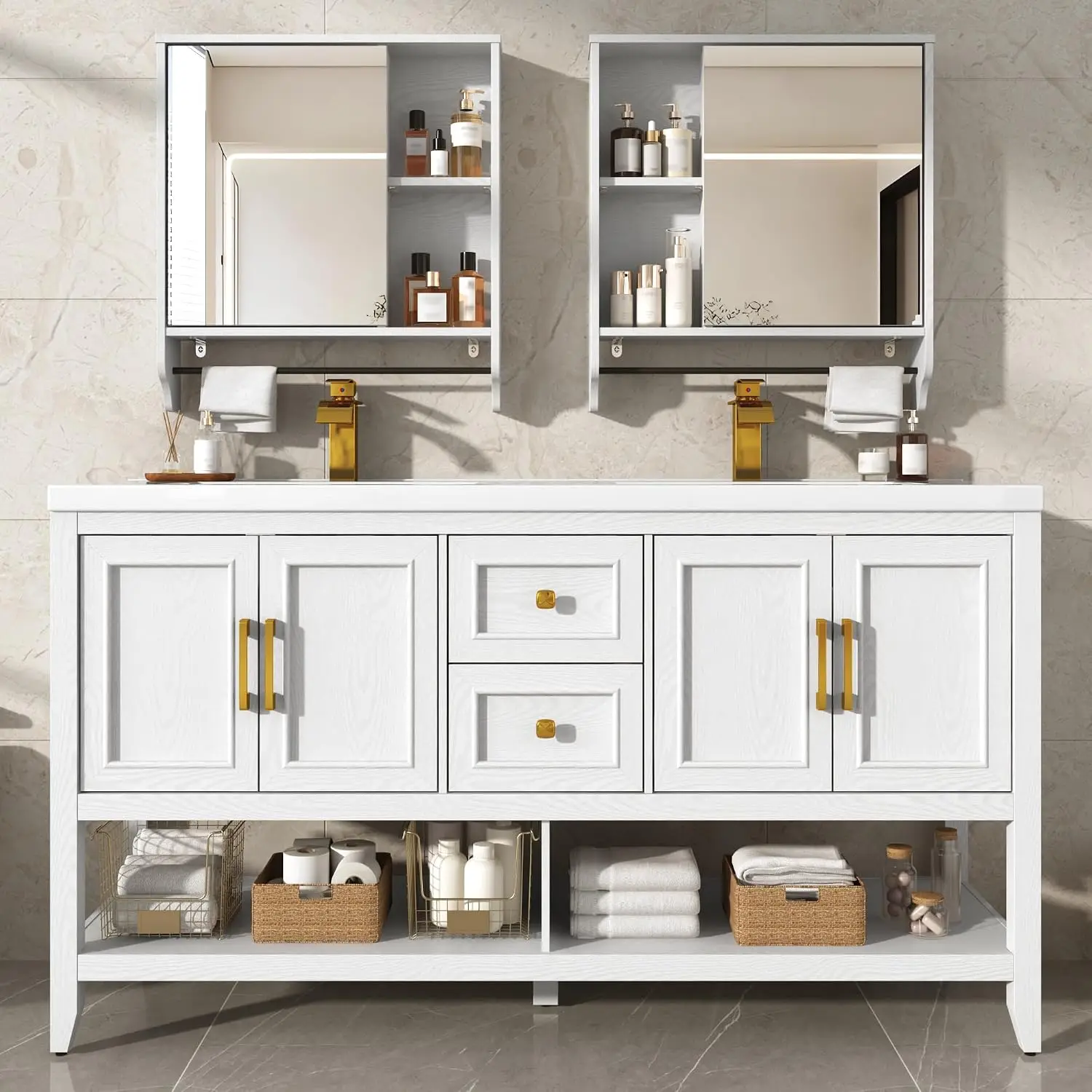 60 Inch Double Sink Bathroom Vanity Set with Faucet & Mirror Cabinet, White, Customized