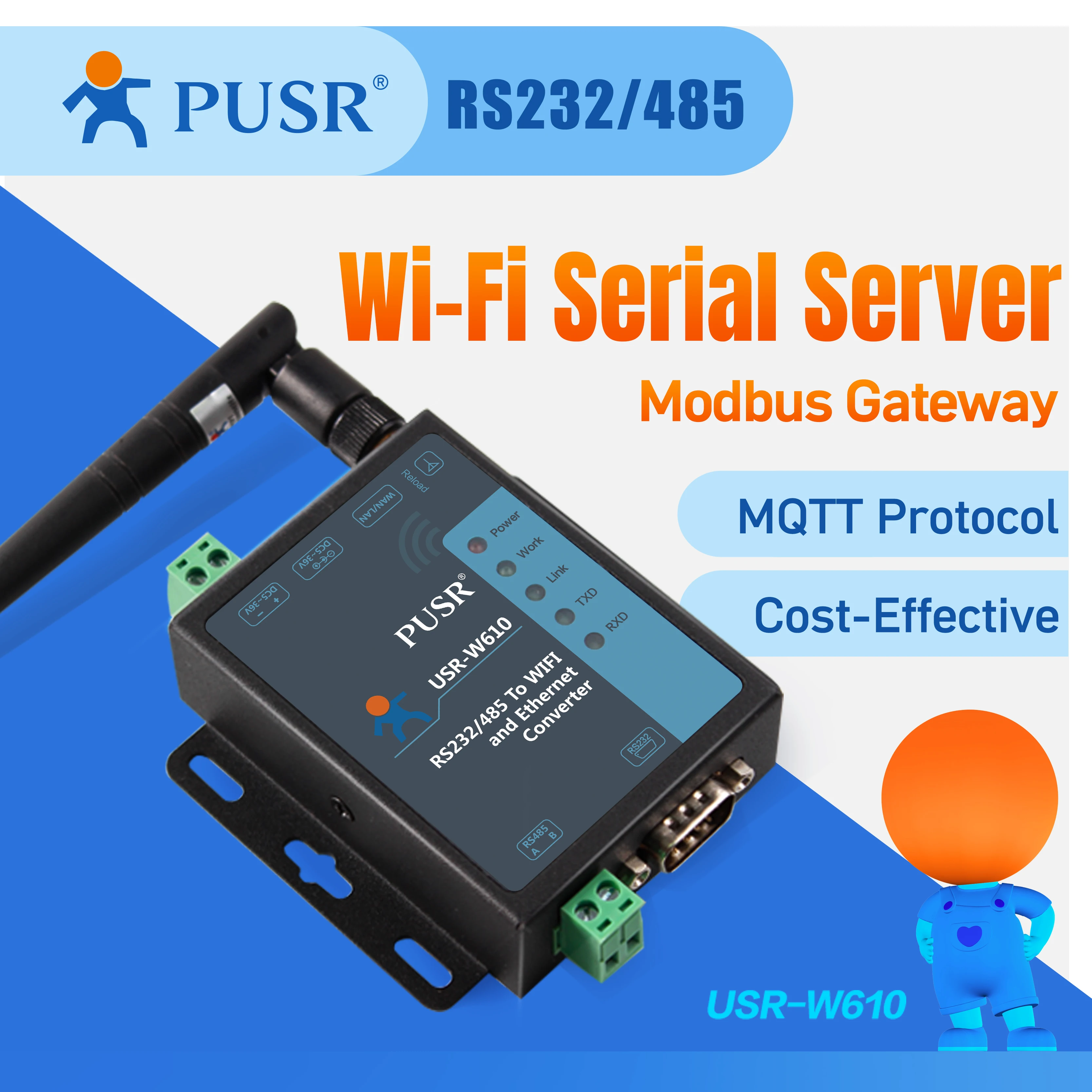 PUSR RS485 RS232 to WiFi Serial Device Server Serial to WIFI to Ethernet Converter Support Modbus Gateway tcp to rtu USR-W610