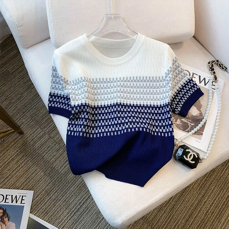 

Short Sleeve Striped Contrast Elegant Pullovers Tops Summer New O-neck All-match Fashion T Shirts Casual Vintage Women Clothing