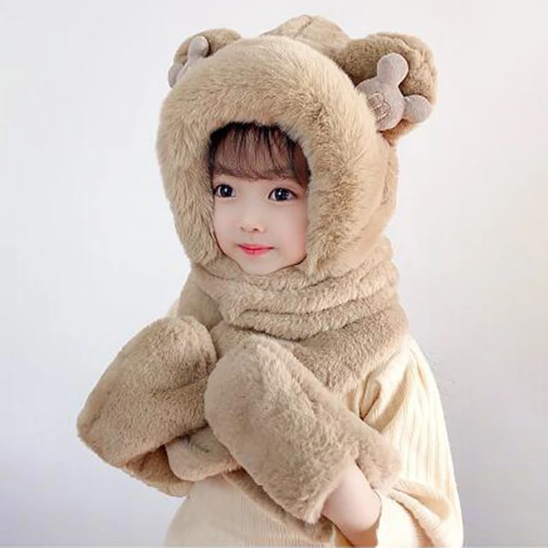 قبعات أطفال سميكة بغطاء رأس وشاح وقفازات ، قبعة ناعمة 3 في 1 ، وشاح طويل ، شال ، جيب ملفوف ، قفازات ، دافئة ، شتوية