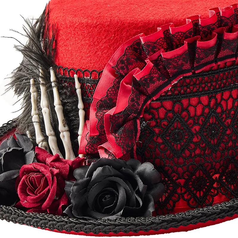 New Gothic Steampunk Top Hat Women Vintage Rose Feather Lace Top Hat Halloween Carnival Cosplay Costume Party Photo Props Unisex 5
