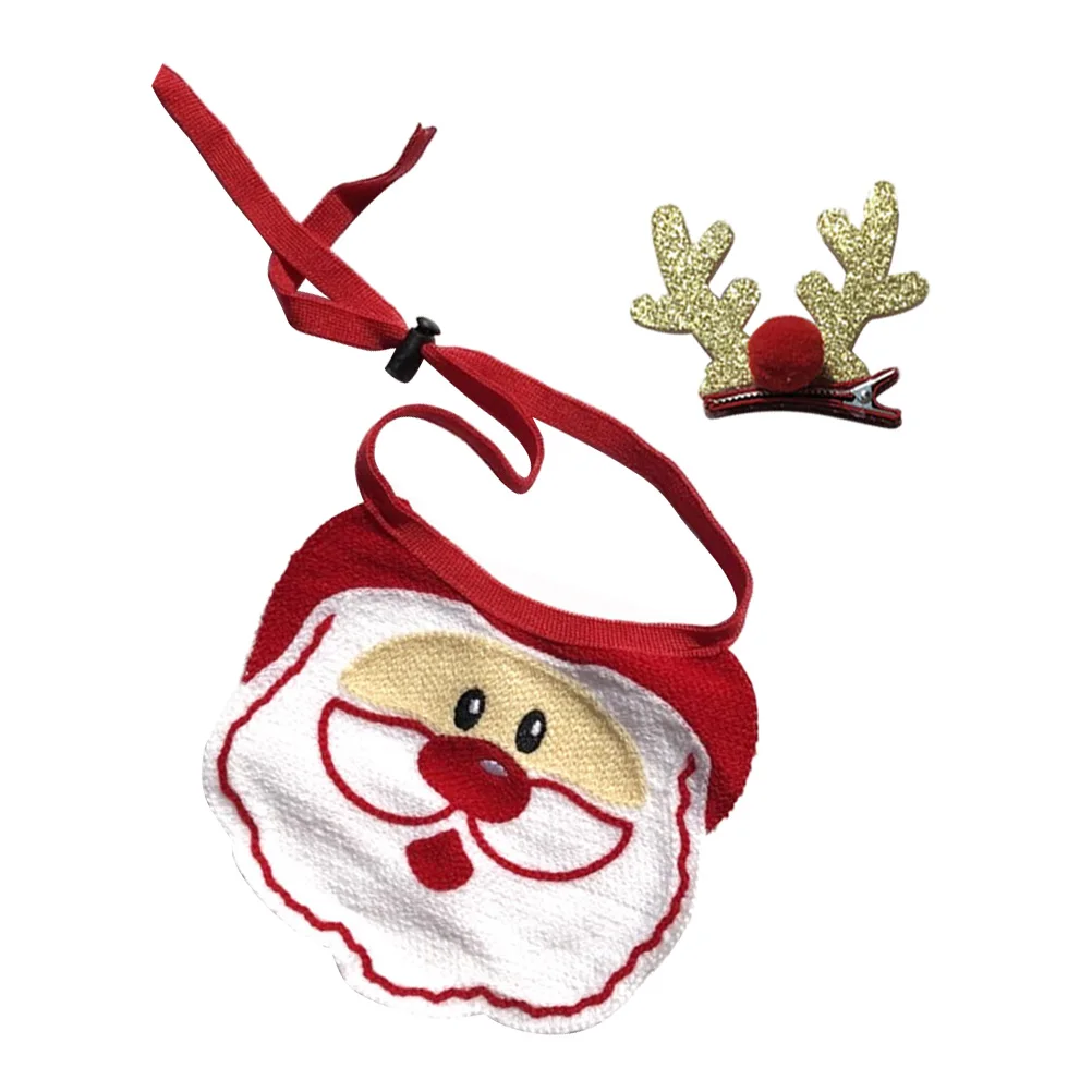 

2Pcs Christmas Pet Bib Adjustable Dog Cat Collar Decor Santa Claus Hairpin Daily Life Party Dress Up