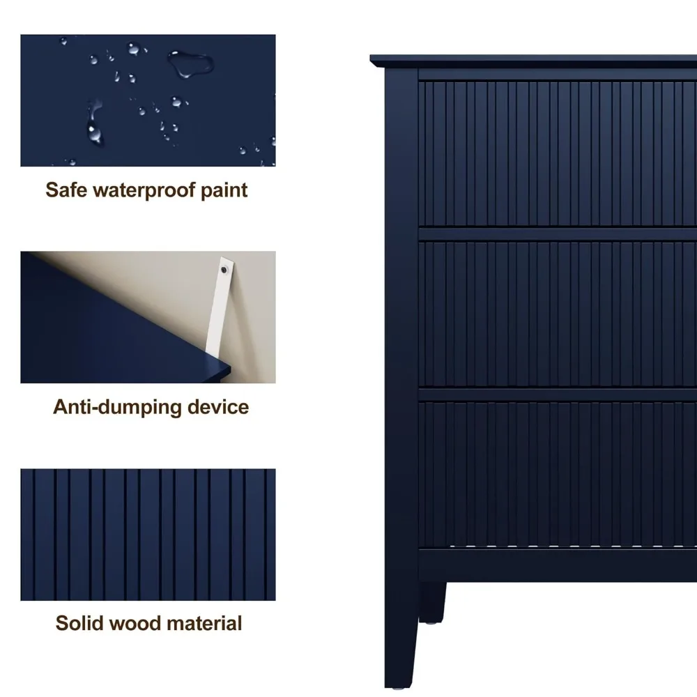 32" Large Nightstand, Fluted Painted Wood Dresser with 3 Spacious Drawers, Blue Modern Bedside Table for Bedroom, Customized
