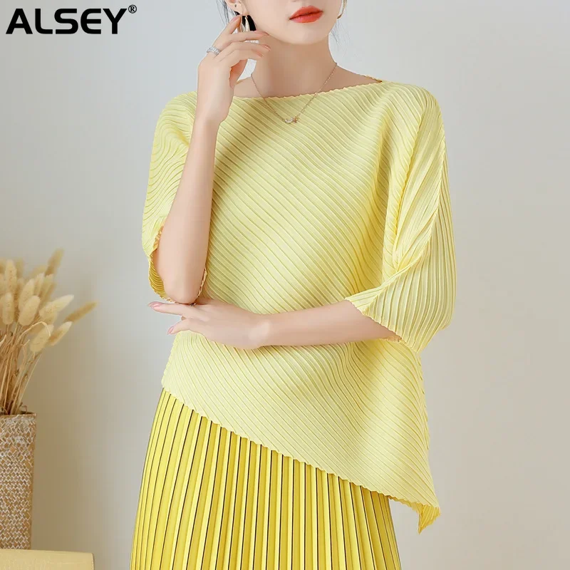 

ALSEY Miyake Pleated Classic Basic Style Top Women's Design Sense Niche Summer New Versatile Loose 3/4 Sleeve T-shirt Clothing