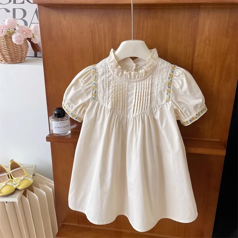 

2025 Summer New Korean Version Girls Lace Long-sleeved Loose Dress Girls Simple Fashion Princess Dress
