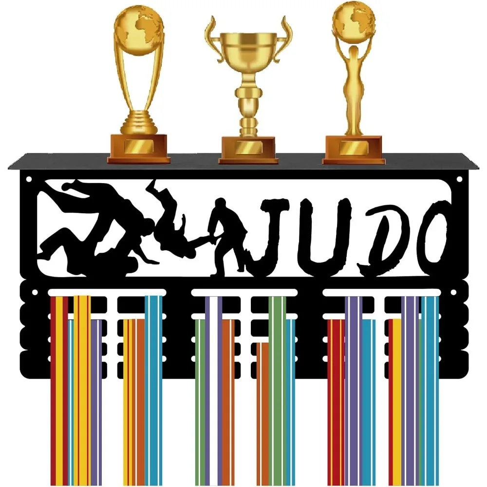 Judo Medal Holder Sports Trophy Shelf with 24 Hooks Metal Medal Hanger Display for Wall Mount Decor Hanging 70+ Medals Rack