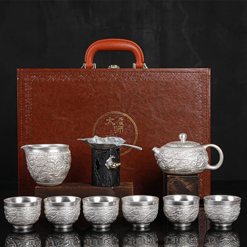 

999 sterling silver kung fu tea set Tea pot tea cup dragon Phoenix set high-end home tea cup gift box