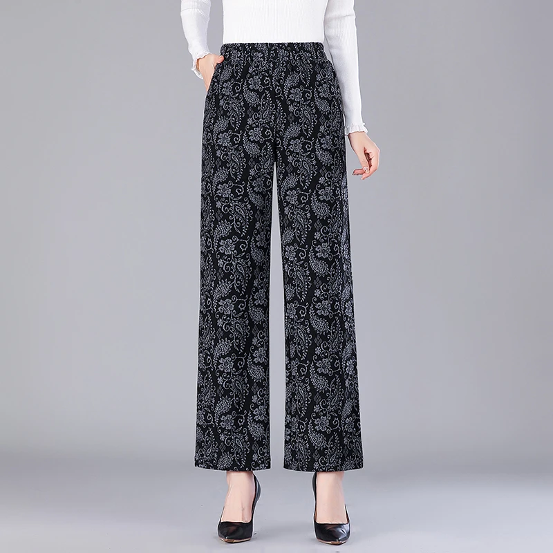 Calças de impressão femininas de outono cintura elástica calças de escritório casuais plus size