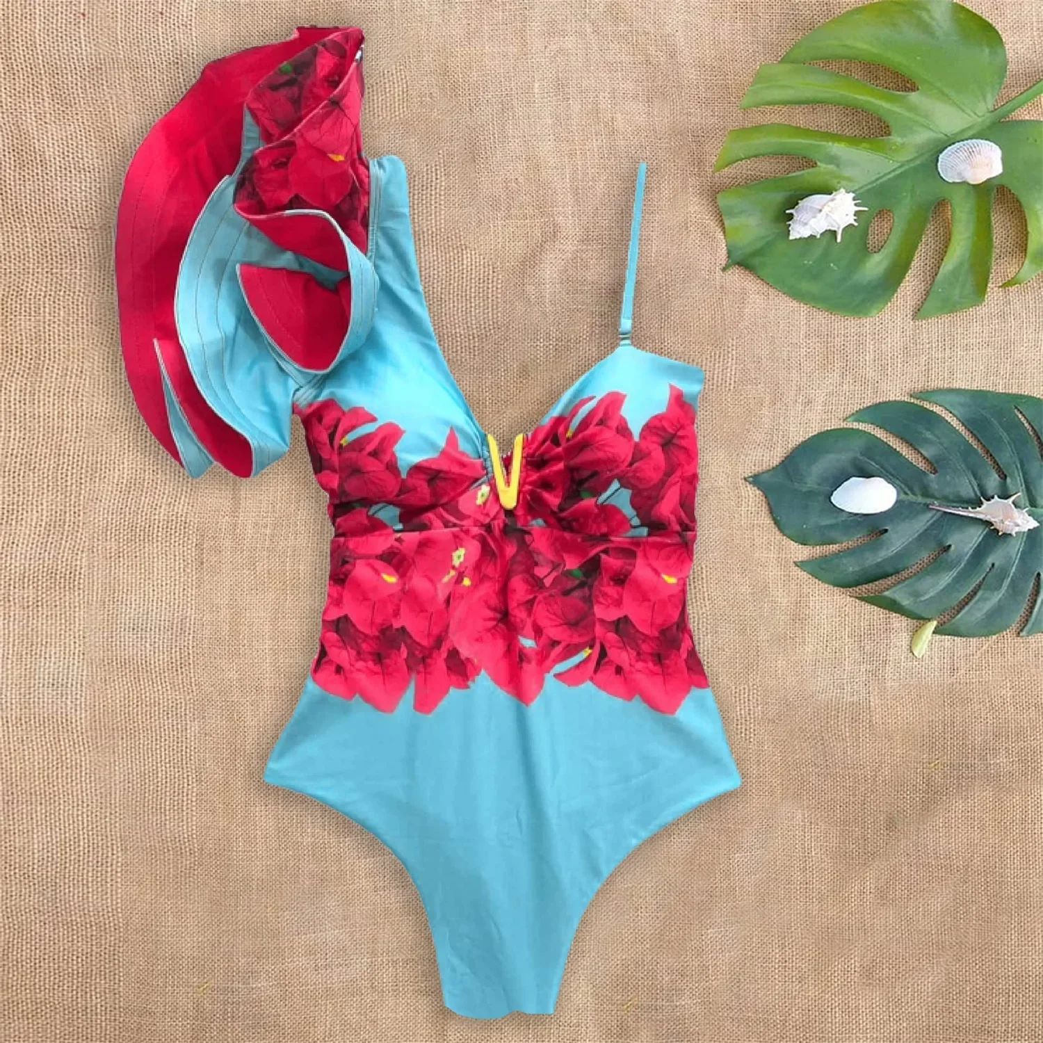 

Sexy One Shoulder Ruffle One Piece Swimsuit Print Floral Swimwear Women Swimsuit V Neck Bathing Suit Beachwear Monokini Female