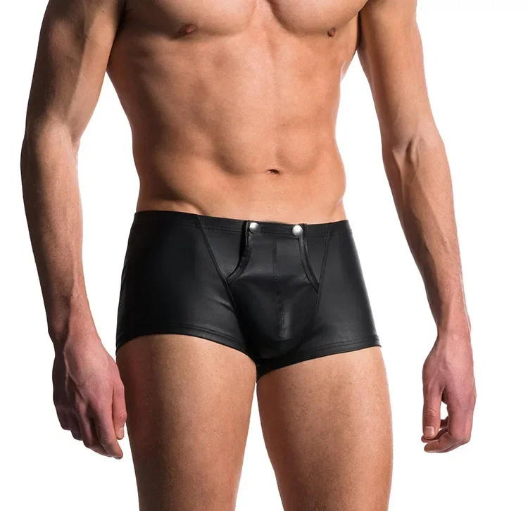 U Convex Bolsa Boxer Shorts dos homens, Sexy Underwear Couro Patente, Faux Calcinha Inferior, Cintura Baixa, Cuecas Engraçadas