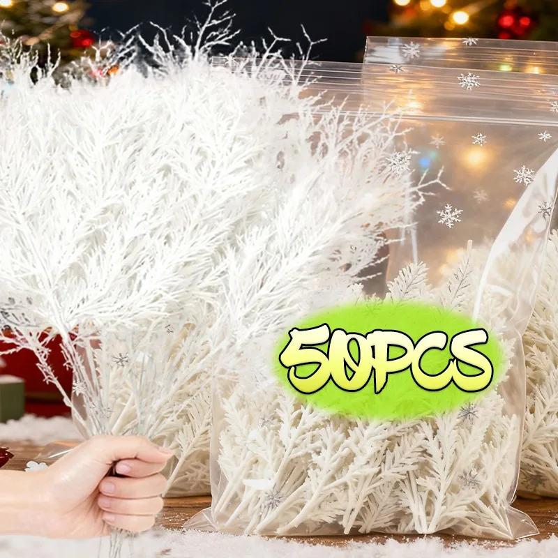 

50/10PCS Christmas Artificial Pine Needles White Fake Pine Branches DIY Wreath Simulation Plant Leaves New Year Gift Table Decor