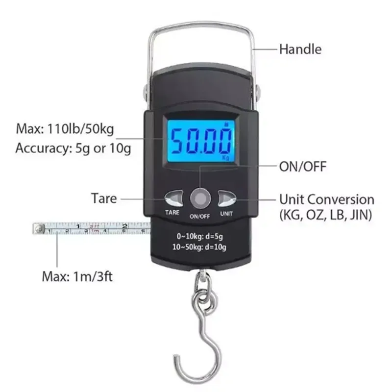 50kg/10g Portable LCD Electronic Hand Scale Travel Hanging Scale with 100cm Long Retractable Measuring Tape