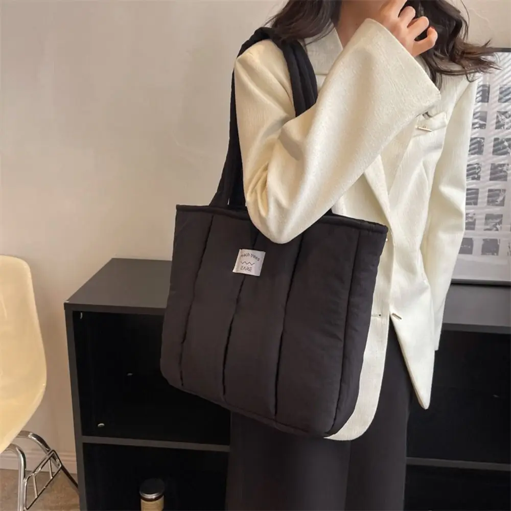 Korean Style Cotton Shoulder Bag Large Capacity Solid Color Nylon Handbag Soft Lightweight Down Tote Bag Office Worker