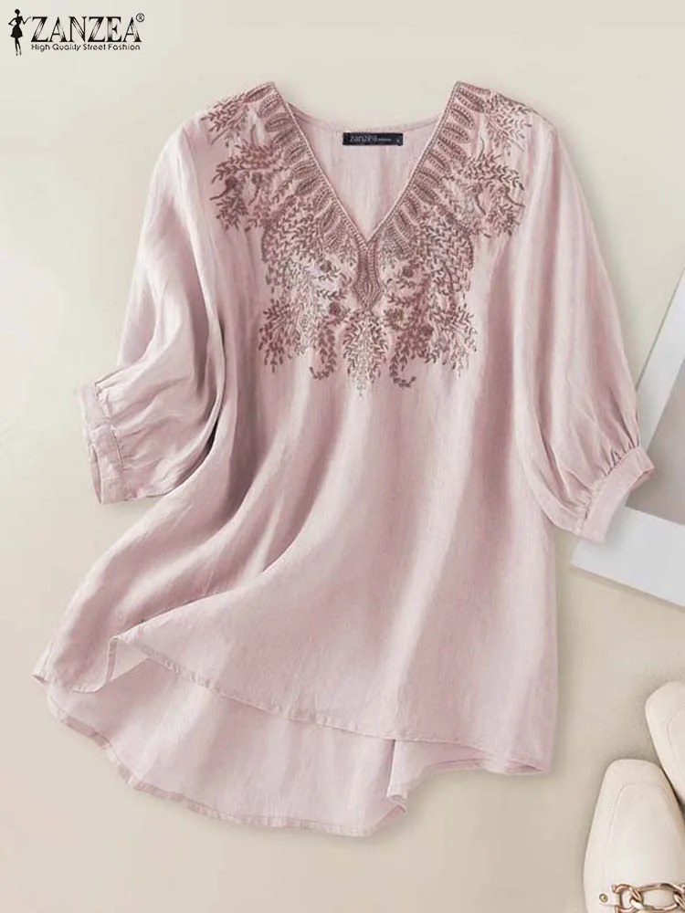 ZANZEA 2024 Summer Women Half Sleeve Blouse Shirts Oversize Casual Fashion Solid V-neck Tops Embroidery Stitching Tunic Femme