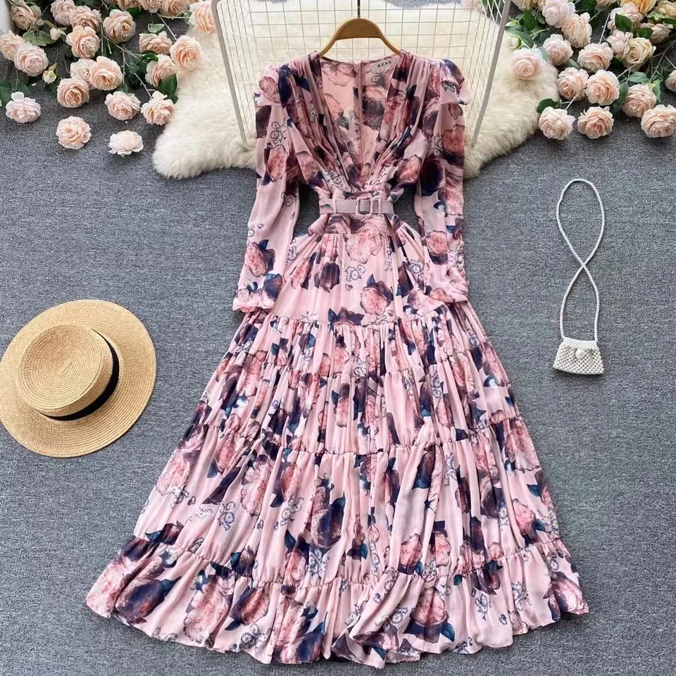 Runway Elegant Autumn Chiffon Floral Dress Vintage Women Sexy Deep V Neck Flowers Print Puff Sleeve Female Belt Long Vestidos