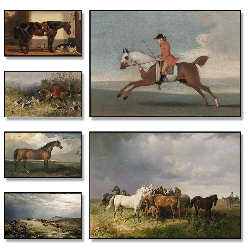 Vintage Medieval Style Horse and Dog Grassland Trees Poster Canvas Printing Decor Living Room Bedroom Wall Art Home Decor Gifts