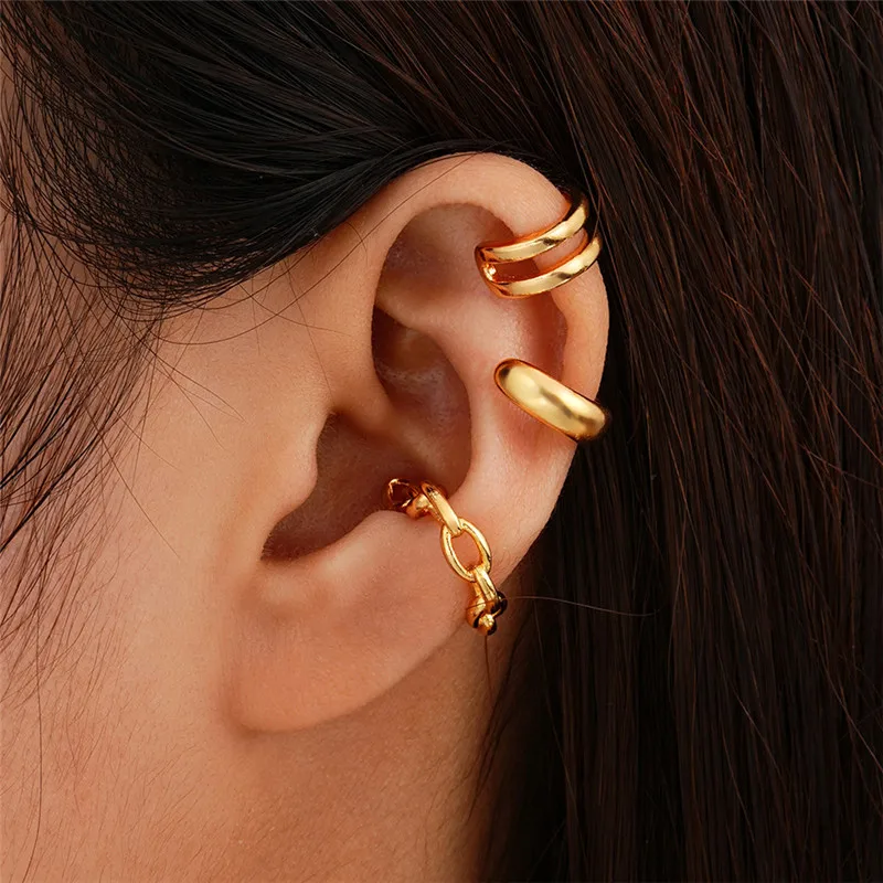 3PCS Vintage Simple Metal Ear Cuff for Women Gold Silver Color Non Piercing Fake Cartilage Clip Earrings Set Jewelry Gift